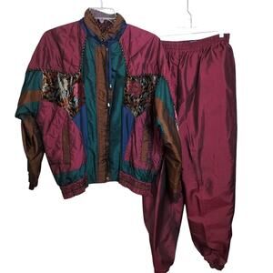 4405)Vtg 80s On Your Mark 2pcs  Multicolor Patchwork Windbreaker Track Suit XL